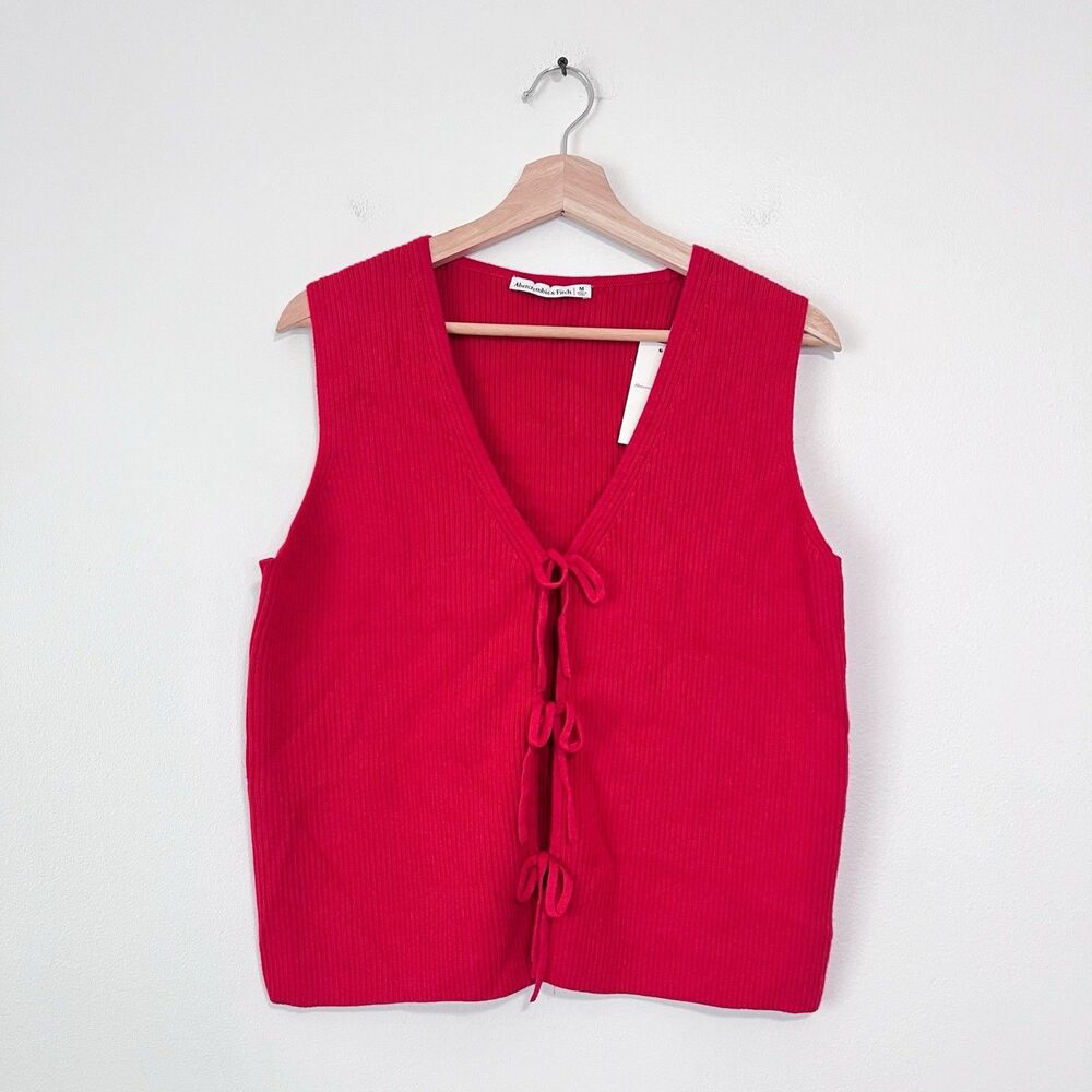 Abercrombie & Fitch Red Ribbed Tie Front Sweater Vest Top NWT Size M Coquette - Picture 2 of 7